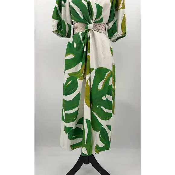 B47 Farm Rio Monstera Midi Knot Dress Womens Medium Linen Blend Cutout  Tropical